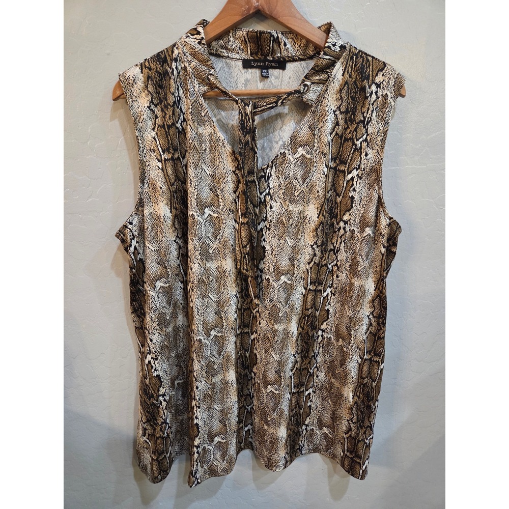 Lynn Ryan Y2K Snakeskin Sleeveless Blouse Mock Neck Keyhole Top Brown 2XL Woman